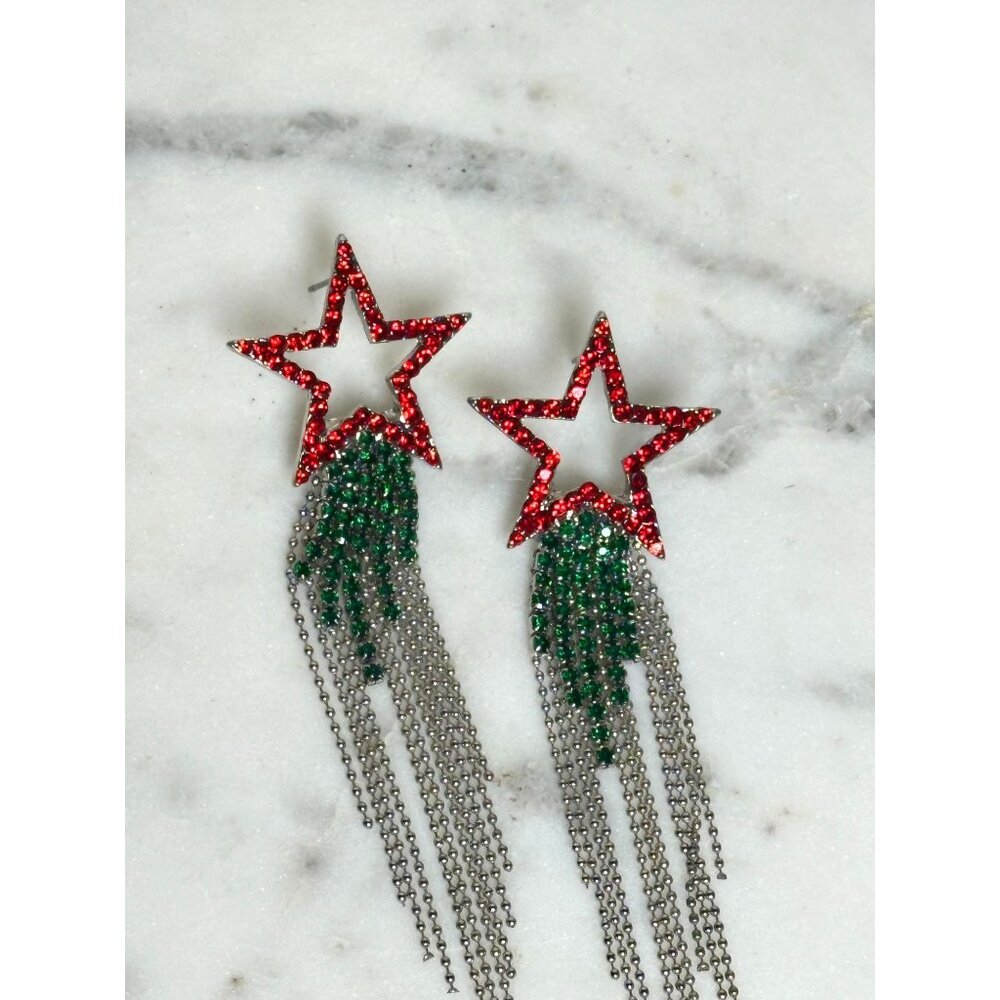 Red & Green Rhinestone Star Drop Earrings Silver Chains Festive Dangle Style